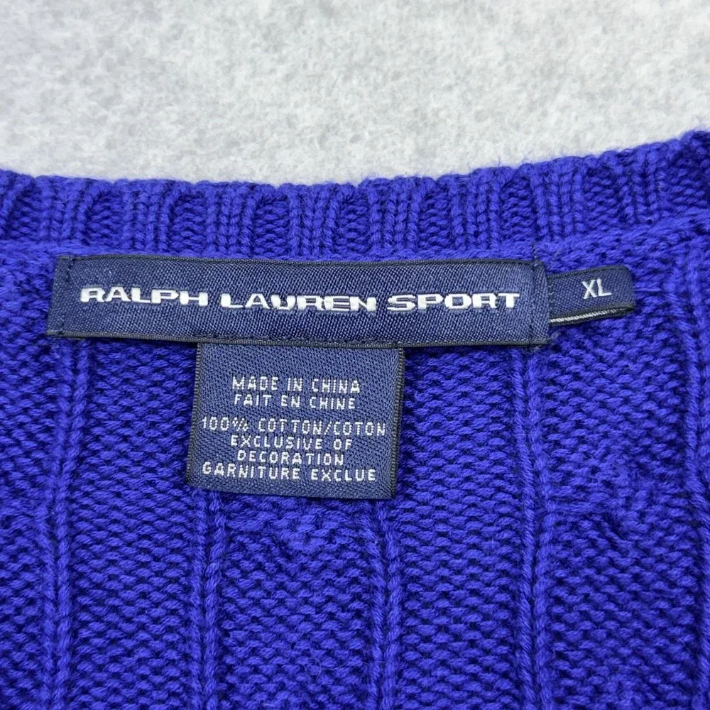 Ralph Lauren Sport Sweater Womens XL Blue Cotton Cable Knit V Neck Pullover